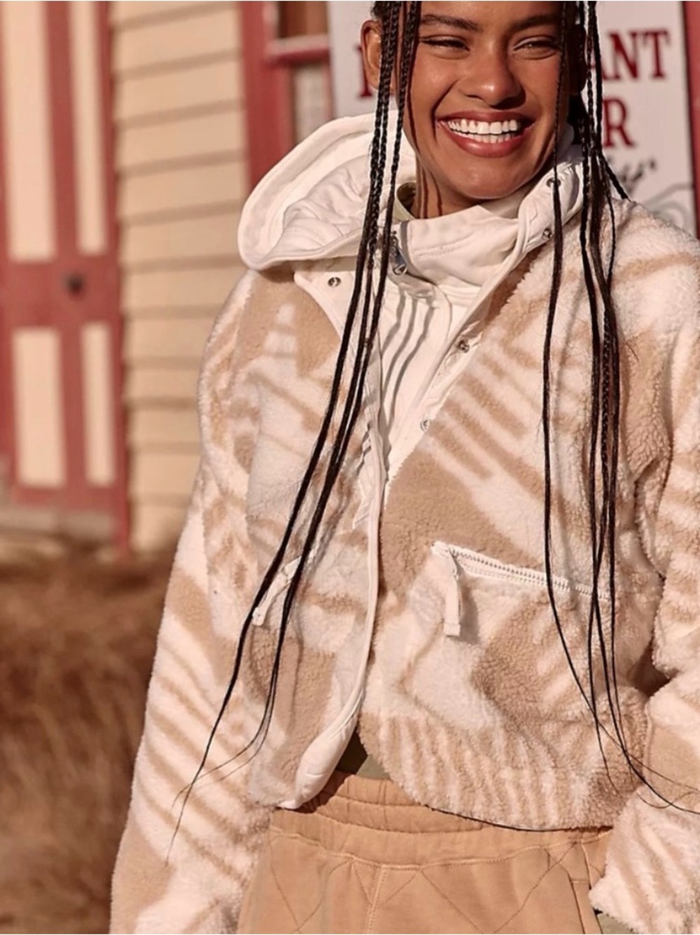 Free People Cream & Tan Geo Sherpa Jacket with Hood